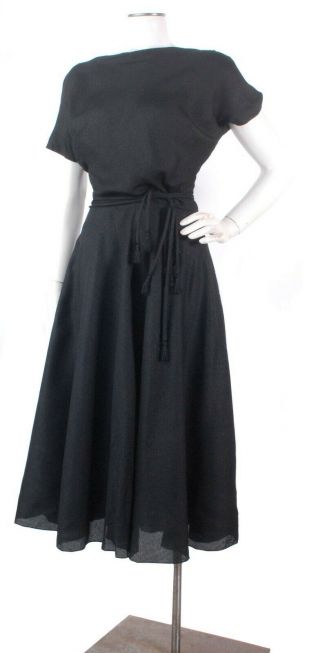 Vintage 50s Gorgeous Detailed Black Slubbed Silk Party Dress By Helen Rose