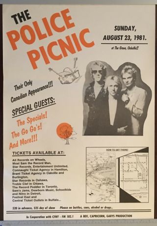 The Police Picnic Rare Concert Poster 1981 Oakville Ontario Vtg Sting Iggy Pop