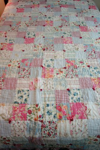 Vintage Handmade Patchwork Quilt Floral Hand Tied Ruffle Edge Cottage 87 " X 90 "