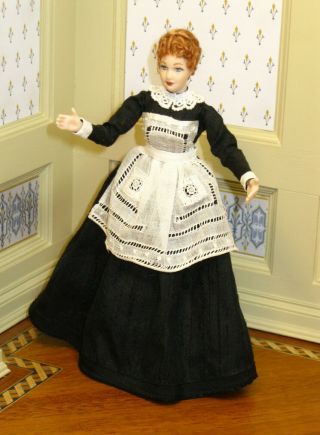 Victorian Lady Doll In Black With Vintage Lace Apron Artisan Dollhouse Miniature