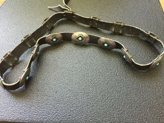 Vintage Native American Leather Hatband With Old Silver & Turquoise Conchos