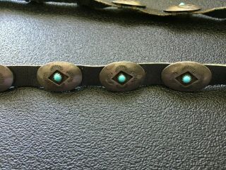 Vintage Native American leather hatband with old silver & turquoise conchos 4