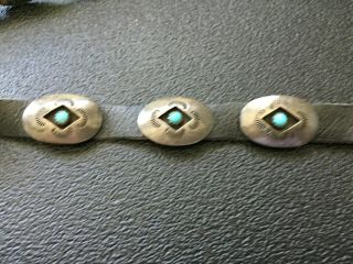 Vintage Native American leather hatband with old silver & turquoise conchos 8