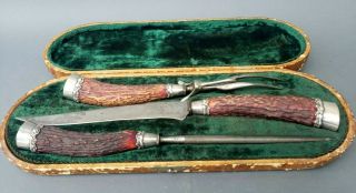 Antique Sterling Silver & Stag Handled 3 Pc.  Cutlery Set Knife Fork Sharpener