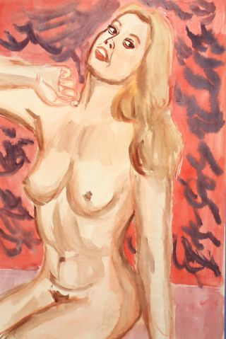 Vintage Watercolor Painting Nude Girl Portrait