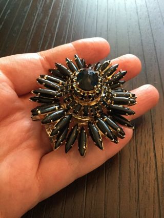 Vintage Schreiner Jet Black Rhinestone Ruffle Flower Brooch Pin 3