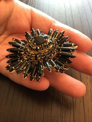 Vintage Schreiner Jet Black Rhinestone Ruffle Flower Brooch Pin 4