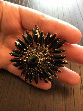 Vintage Schreiner Jet Black Rhinestone Ruffle Flower Brooch Pin 5