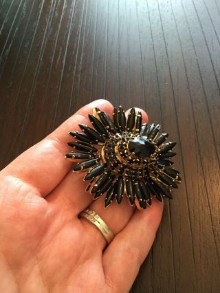 Vintage Schreiner Jet Black Rhinestone Ruffle Flower Brooch Pin 8