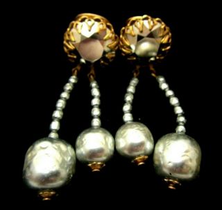 Rare Vintage 2 - 1/4 " Signed Miriam Haskell Faux Pearl Dangle Clip Earrings A74