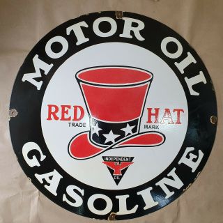 Red Hat Motor Oil Gasoline Vintage Porcelain Sign 30 Inches Round