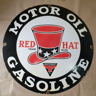 RED HAT MOTOR OIL GASOLINE VINTAGE PORCELAIN SIGN 30 INCHES ROUND 2