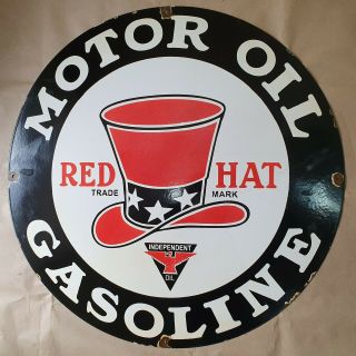 RED HAT MOTOR OIL GASOLINE VINTAGE PORCELAIN SIGN 30 INCHES ROUND 3