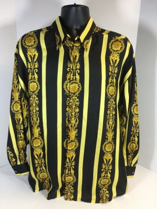 Vintage Versace V2 Silk Shirt / Long Sleeve / Gold Print Men 