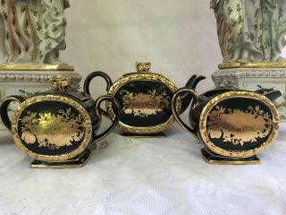 Rare James Sadler Black And Gold Floral Barrel Teapot Trio Set