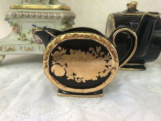 RARE James Sadler Black And Gold Floral Barrel Teapot Trio Set 5