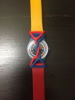 Vintage Swatch Watch Ladies Tri - Color Racer Ls102 1985 With Red & Blue Guards