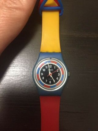 Vintage Swatch Watch Ladies Tri - Color Racer LS102 1985 with Red & Blue Guards 5
