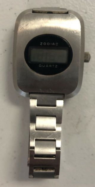 Vintage Huge Zodiac Lcd Led Wrist Watch Ss Quartz Mens Watch Rare For Repair