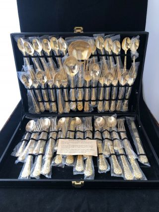 Wm Rogers & Sons Gold Plated Flatware Enchanted Rose Serving Full Set 51pc.