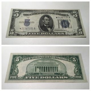 Vintage Star 1934 - D $5 Silver Certificate Five Dollar Note Lincoln Blue Seal