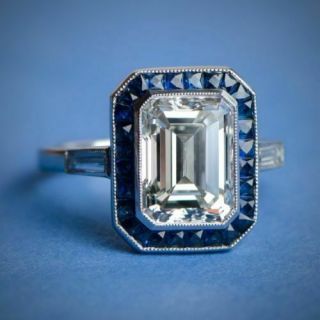 Art Deco 4.  20ct Emerald Cut Diamond Sapphire Engagement Ring 14k White Gold Over