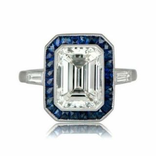 Art Deco 4.  20Ct Emerald Cut Diamond Sapphire Engagement Ring 14k White Gold Over 2