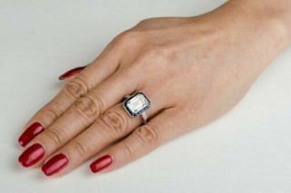 Art Deco 4.  20Ct Emerald Cut Diamond Sapphire Engagement Ring 14k White Gold Over 3