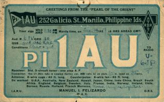 Pi1au Manuel I.  Felizardo Manila,  Philippines 1927 Vintage Ham Radio Qsl Card