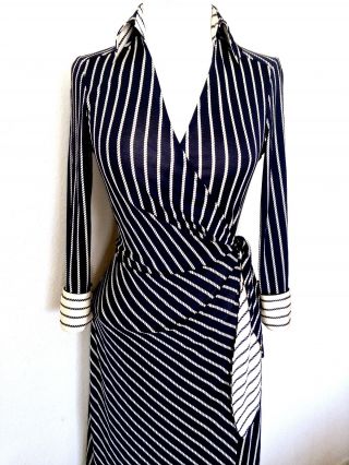 Diane Von Furstenberg Classic Vintage Rona Navy Ropes Blue Silk Wrap Dress 2 4