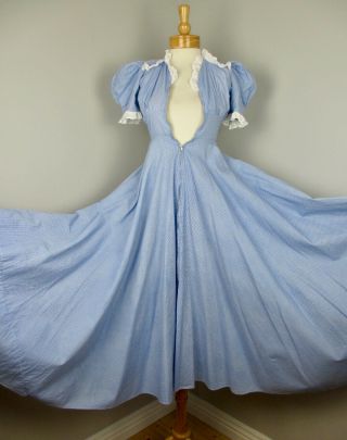 Vtg 40s Blue Gingham Cotton Zip Front Full Sweep Dressing Gown Maxi Dress Xs