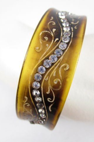 1930’s Art Deco Carved Painted Celluloid Rhinestone Sparkle Bracelet