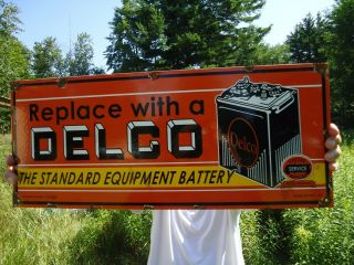 Vintage 1949 Double Sided Delco Battery Porcelain Gas Station Pump Sign