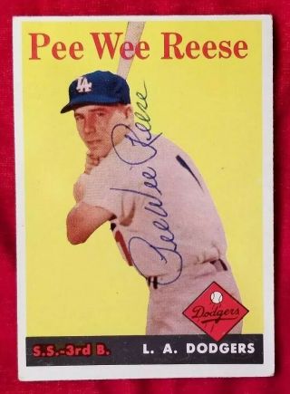 1958 Topps Pee Wee Reese 375 Signed Card Brooklyn Dodgers Team Auto Hof Vtg 50s