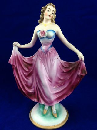 Vintage Art Deco Porcelain Dancer Pink Dress Detailed Ball Room Dancer Pink Blue
