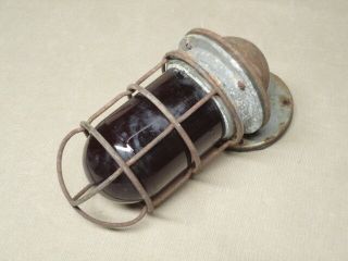 Early Vintage Machine Age Industrial Explosion Proof Red Glass Cage Light