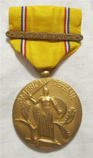 Wwii American Defense Medal With " Foreign Service " Bar - Clasp Slotted Brooch