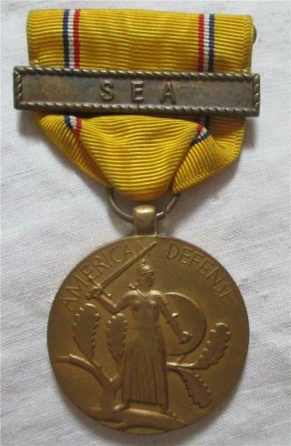 Wwii American Defense Medal With " Sea " Bar - Clasp Slotted Brooch
