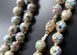 vintage cloisonne enamel pink cream blue enamel flower bead necklace Chinese 175 5