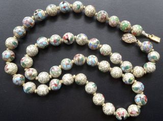vintage cloisonne enamel pink cream blue enamel flower bead necklace Chinese 175 7