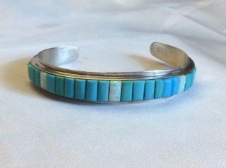 Vintage Southwest Turquoise And Opal Channel Inlay Sterling Silver Cuff Bracelet