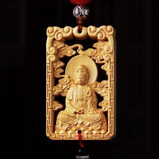 Hollow Out Wood Carved Chinese Guan Kwan Yin Double Sides Sculpture Car Pendant