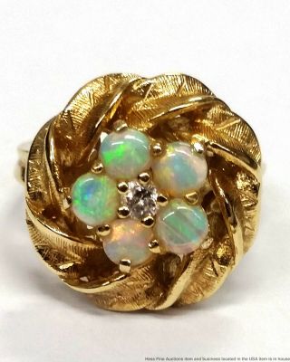 14k Yellow Gold Natural Opal Fine Diamond Ladies Vintage Dome Ring Size 6.  25