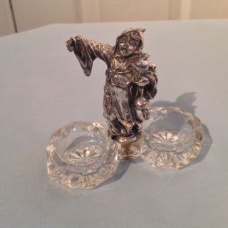 Antique Miniature Silvered Bronze Monk On Glass Salt Cellar