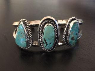 Gorgeous Old Vintage Navajo Turquoise & Sterling Silver Cuff Bracelet 45.  8 Grams