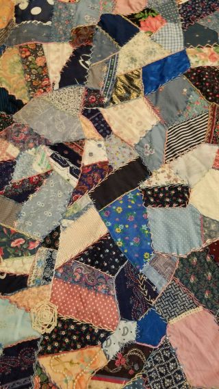 Vintage Crazy Quilt w Embellishments - Buttons,  doilies and Embroidery 92x78 2