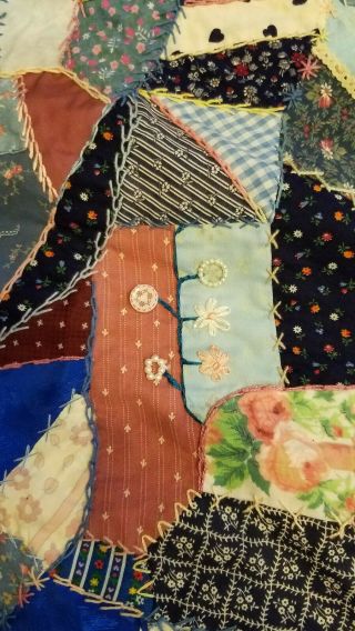 Vintage Crazy Quilt w Embellishments - Buttons,  doilies and Embroidery 92x78 3