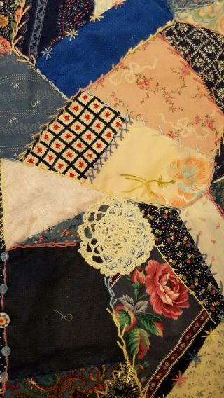 Vintage Crazy Quilt w Embellishments - Buttons,  doilies and Embroidery 92x78 4