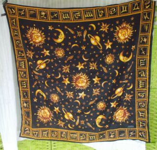 Vtg Gianni Versace Silk Scarf France Zodiac Astrology Sun Moon Stars Black Gold