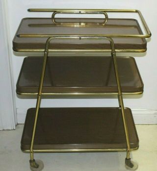 Vintage Cosco Kitchen Utility Cart 3 Tier Woodgrain Metal Brass Color Frame Mcm
